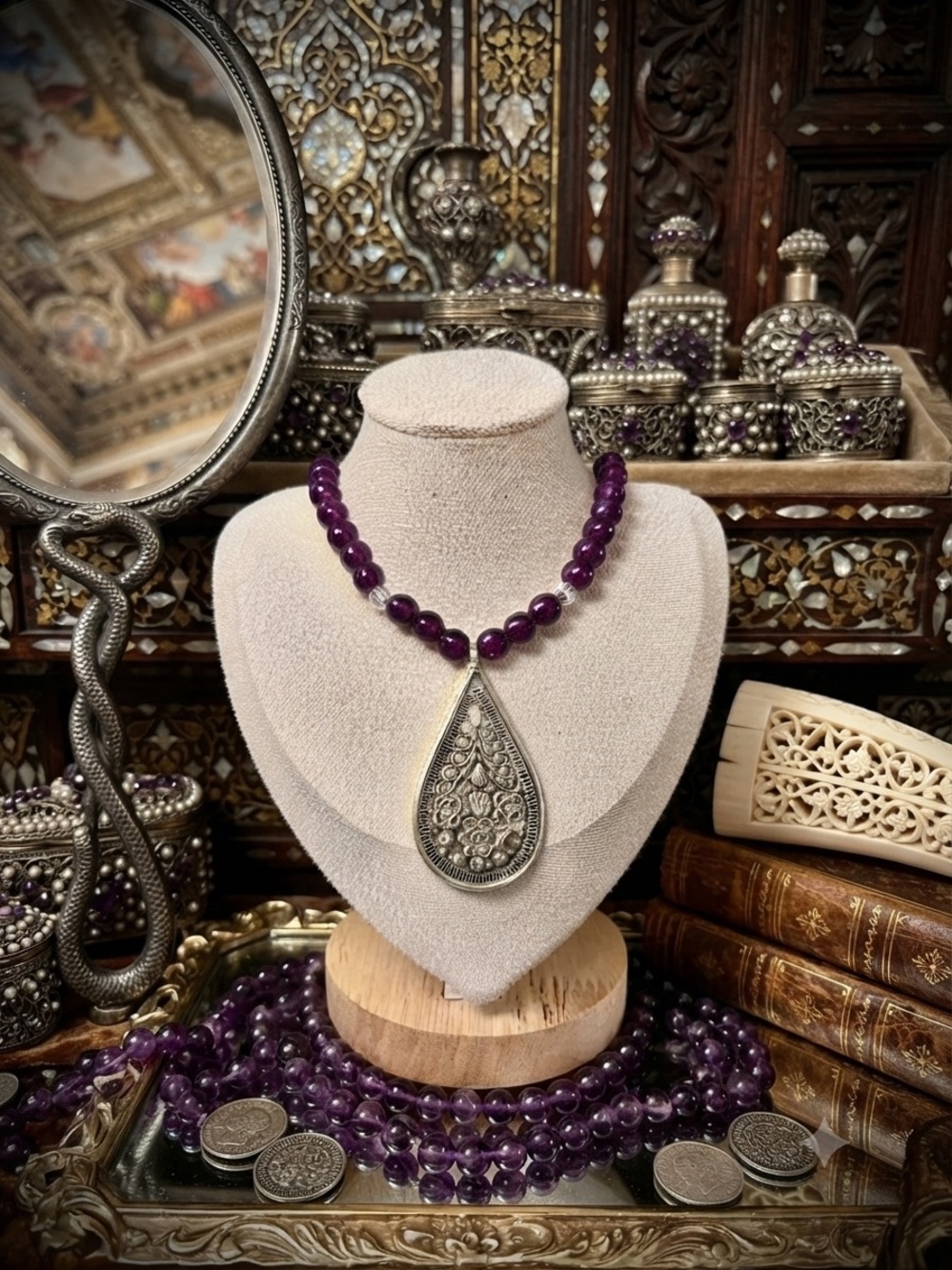 One of a kind Purple Bead Necklace with Ornate Silver antique Teardrop Pendant